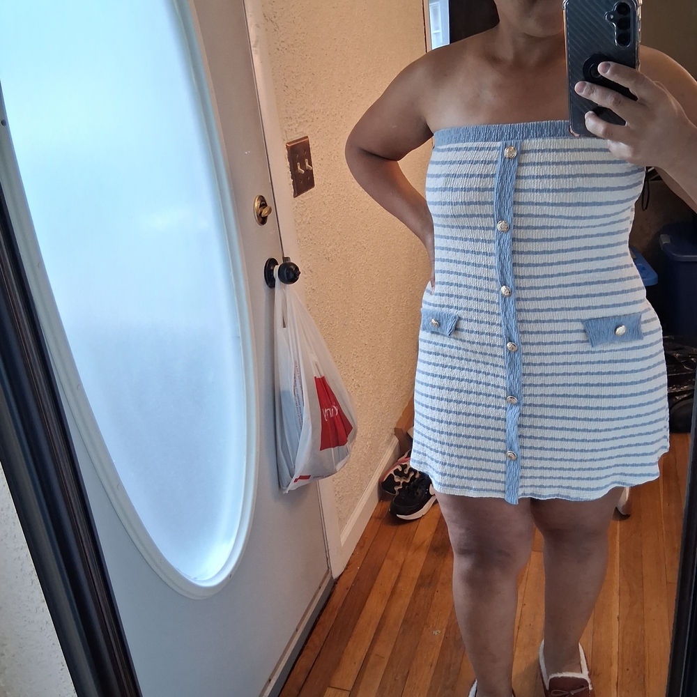 Blue and White Striped Strapless Dress